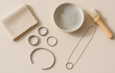 Eleganckie zdjęcie biżuterii ze stali chirurgicznej ułożonej na jasnobeżowym tle. W kadrze znajdują się pierścionki, bransoletka i naszyjnik, a obok nich miękka ściereczka, miseczka z wodą i bąbelkami oraz mała szczoteczka do czyszczenia. Całość oświetlona naturalnym światłem, w stylu minimalistycznym i estetycznym.