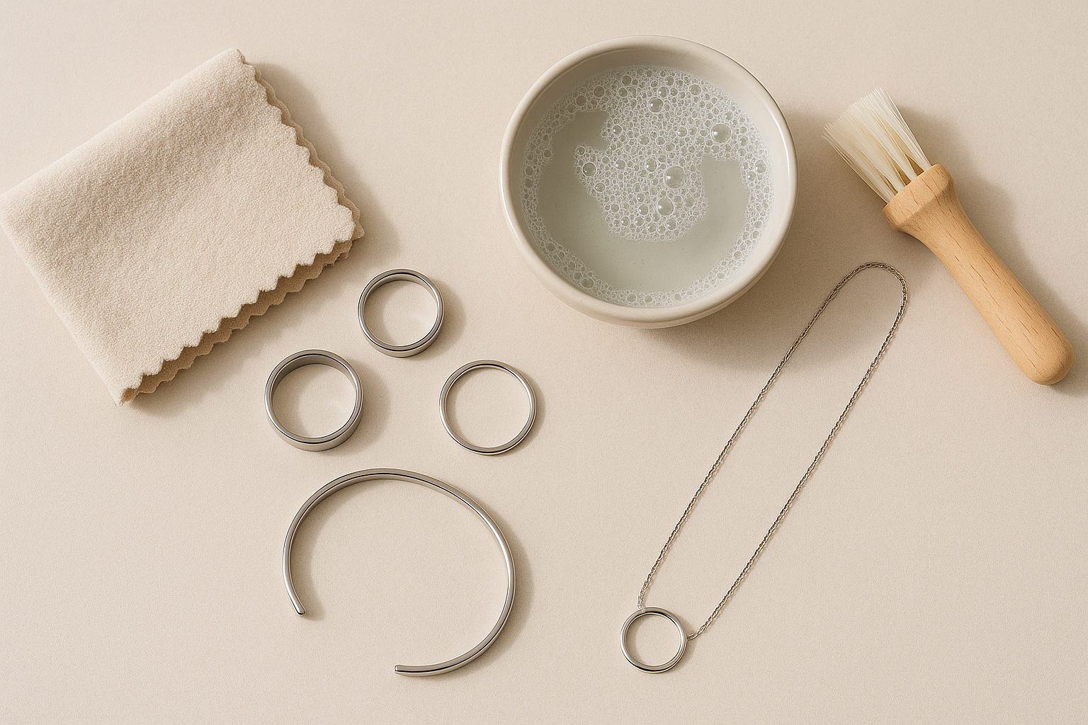Eleganckie zdjęcie biżuterii ze stali chirurgicznej ułożonej na jasnobeżowym tle. W kadrze znajdują się pierścionki, bransoletka i naszyjnik, a obok nich miękka ściereczka, miseczka z wodą i bąbelkami oraz mała szczoteczka do czyszczenia. Całość oświetlona naturalnym światłem, w stylu minimalistycznym i estetycznym.