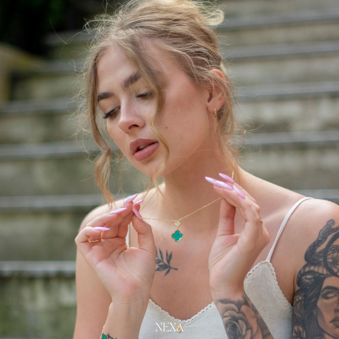 Złoty Naszyjnik Koniczynka Z Malachitem - obrazek 3