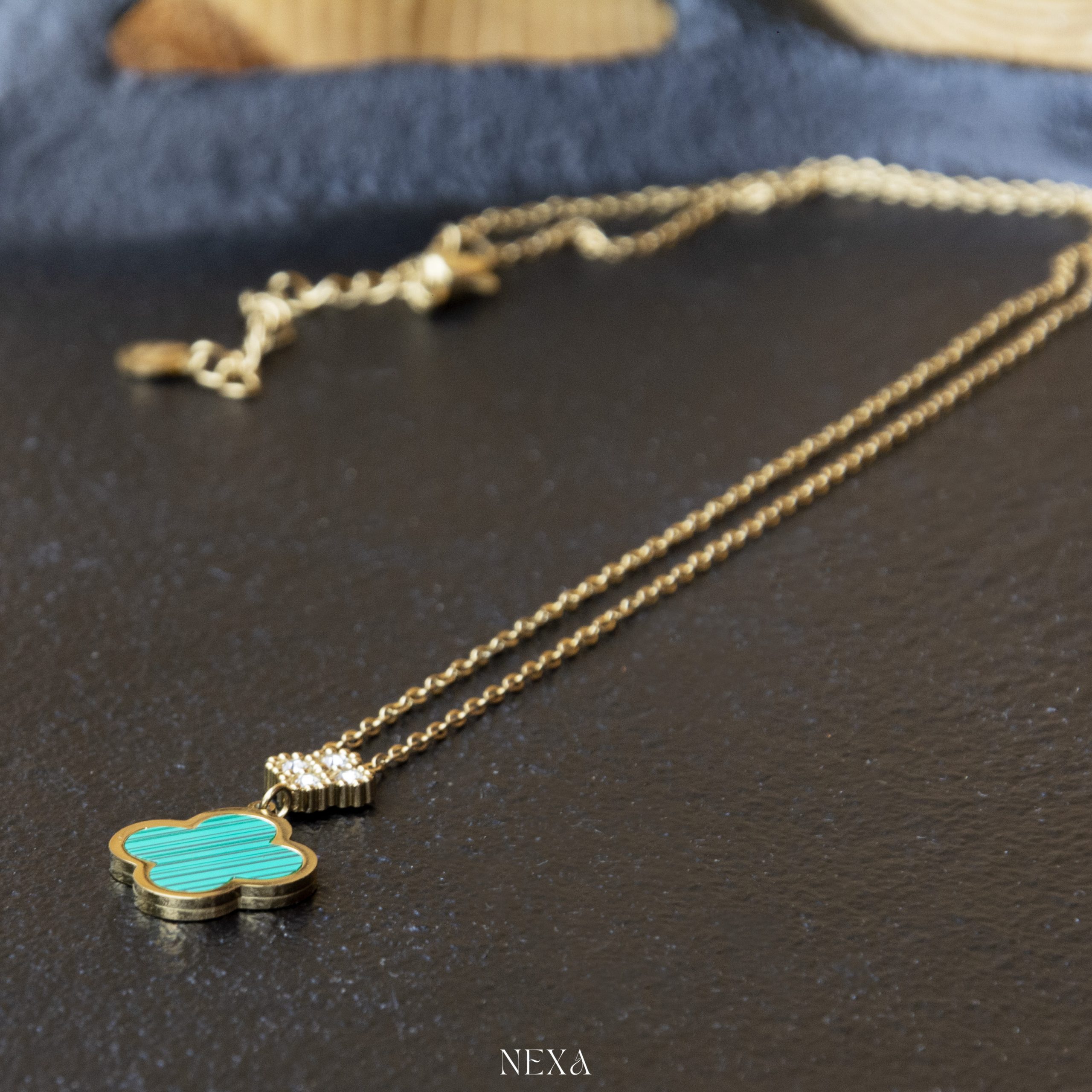 Złoty Naszyjnik Koniczynka Z Malachitem - obrazek 2